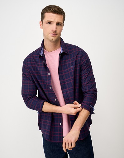 Classic Fit Long-Sleeve Oxford Cotton Shirt in Navy & Mulberry Check
