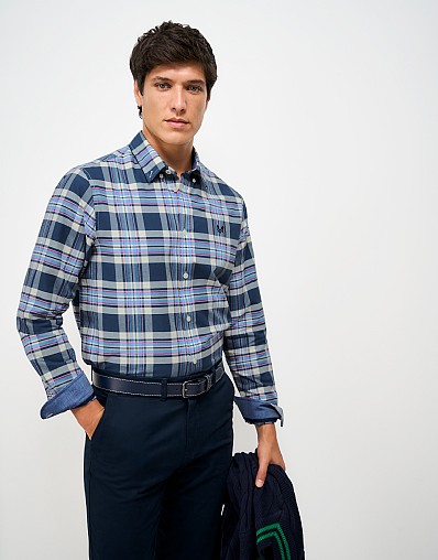 Classic Fit Rupert Check Oxford Cotton Shirt in Blue & Cream