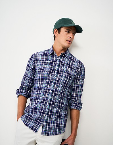 Long-Sleeve Linen Check Shirt in Blue, Pink & White