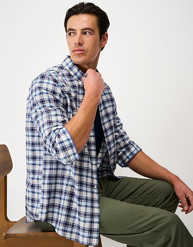 Cotton Flannel Shirt in Dark Blue & Cream Check