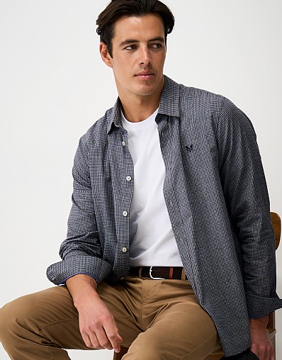 Cotton Flannel Shirt in Grey Marl & Dark Blue Gingham