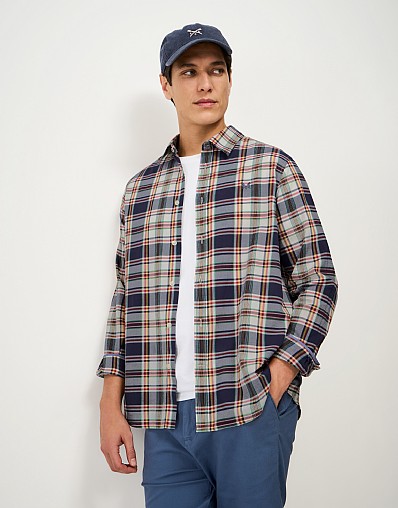 Oldham Cotton Check Shirt in Deep Blue, Ivory & Red