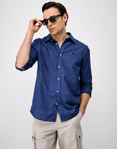 Newport Striped Broadcloth Classic Fit Shirt in Indigo and Ecru