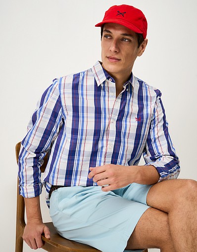 Classic-Fit Multi-Check Poplin Shirt in Blue, White and Red Check