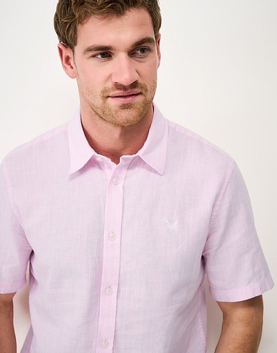 Short Sleeve Linen-Blend Shirt in Pink and White Stripes
