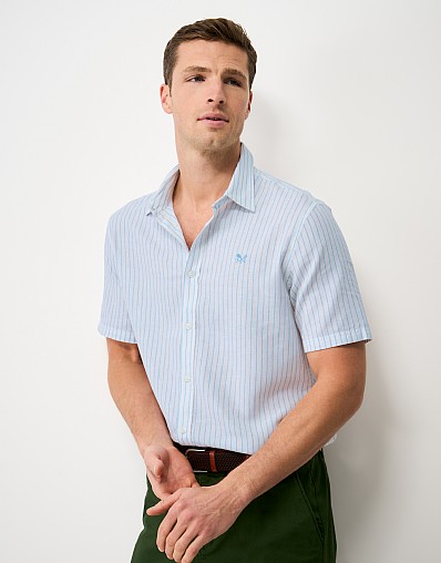 Short Sleeve Linen-Blend Shirt in White and Blue Stripes