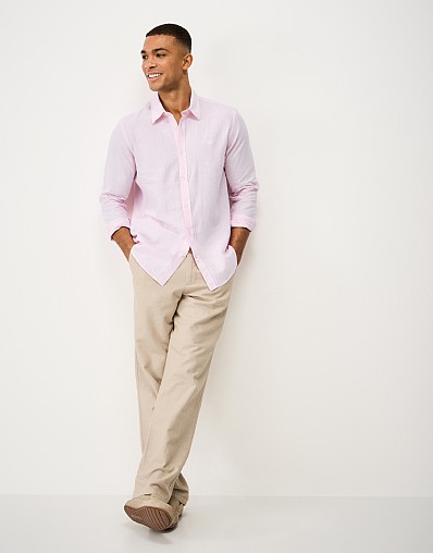 Long Sleeve Linen-Blend Shirt in Pink and White Stripes