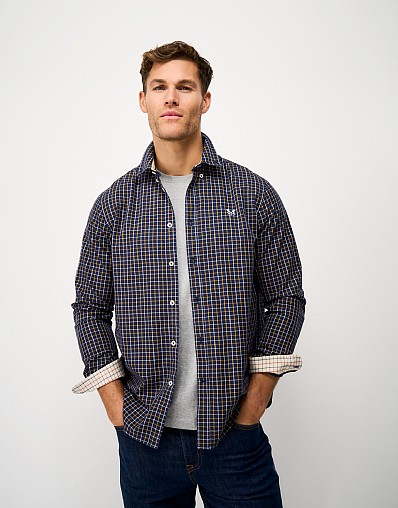 Tattersall Classic-Fit Cotton Twill Shirt in Navy & Yellow Check