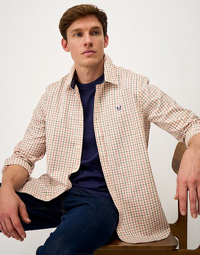 Tattersall Classic-Fit Cotton Twill Shirt in Ivory & Red Check