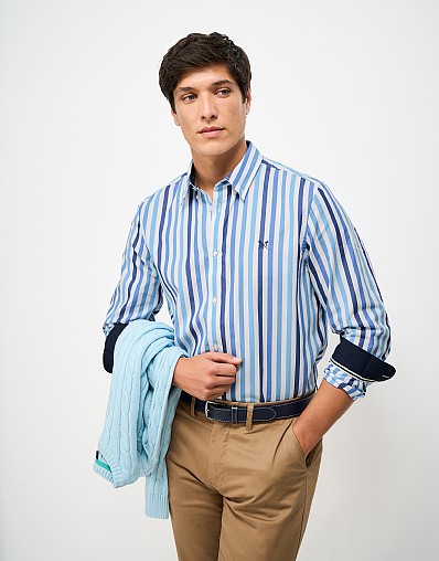 Classic Fit Multi-Stripe Cotton Poplin Shirt in Blue