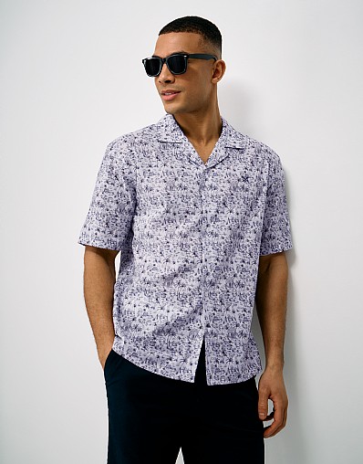 Short Sleeve Tropical Print Revere Collar Shirt