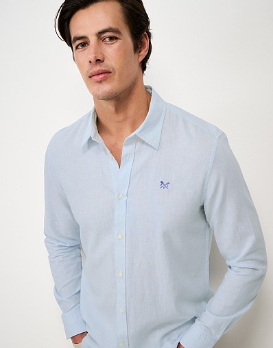 Micro Stripe Long Sleeve Linen Shirt in Blue and White