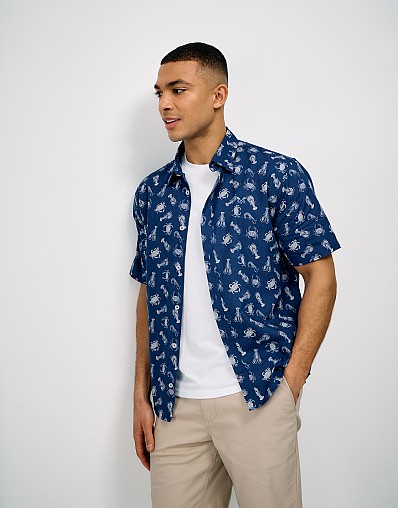 Linen-Blend Shirt in Blue Lobster Print