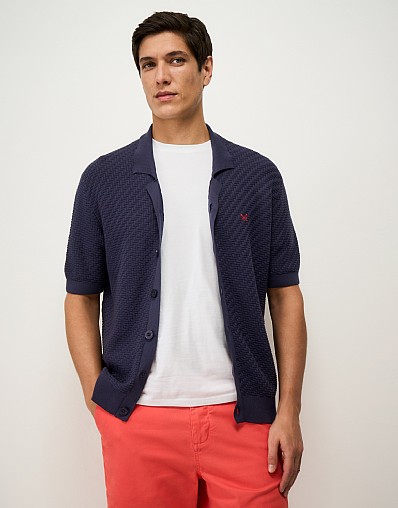 Button-Down Knitted Cotton Shirt in Navy