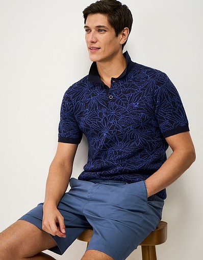 Knitted Cotton Jacquard Polo Shirt in Dark Navy & Blue