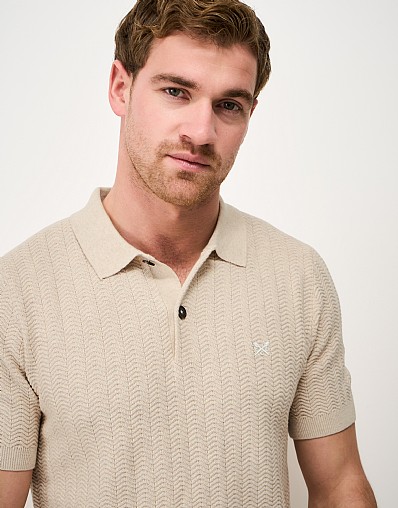 Herringbone Knitted Polo in Beige Marl