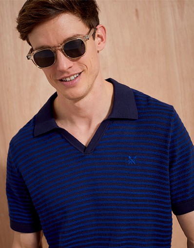 Textured Cotton Stripe Revere Collar Polo in Navy