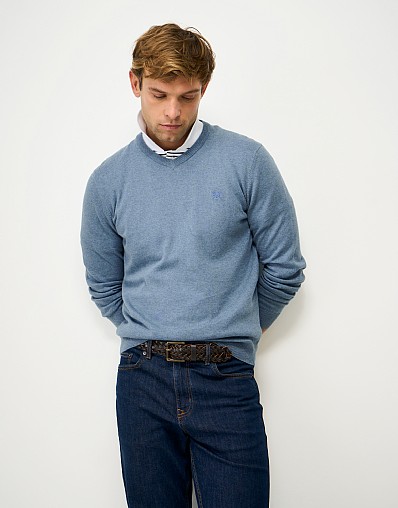 Organic Cotton V Neck Jumper in Blue Marl