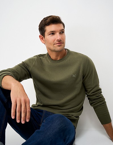 Organic Cotton Crew Neck Jumper in Olive Green