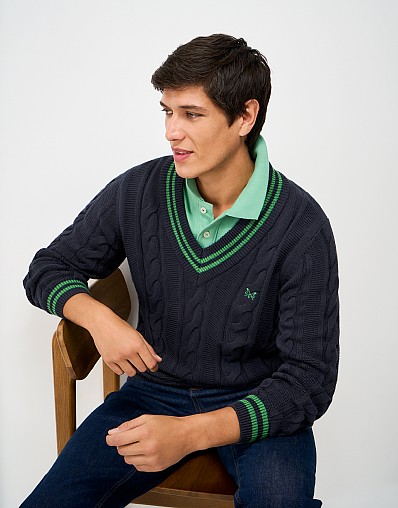 Cotton Cable-Knit Cricket Jumper in Navy