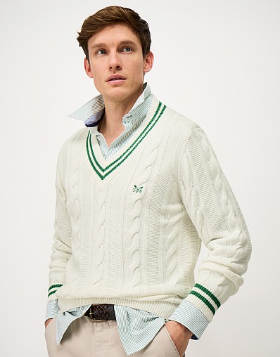 Cotton Cable-Knit Cricket Jumper in White