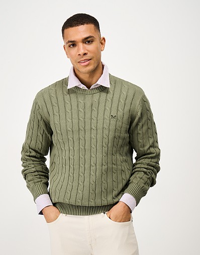 Oarsman Cable Knit Crew Neck Jumper in Green