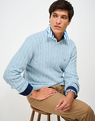Oarsman Cable Knit Crew Neck Jumper in Blue