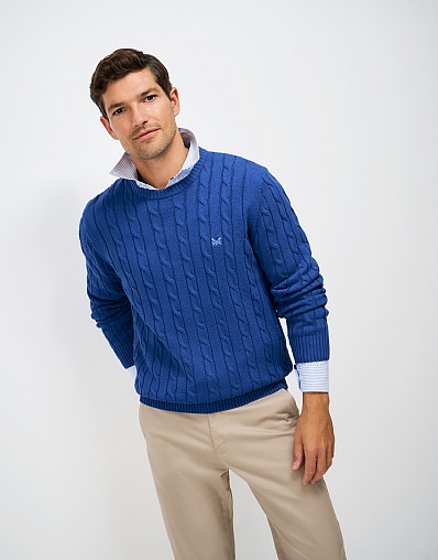 Oarsman Cable Knit Crew Jumper in Blue