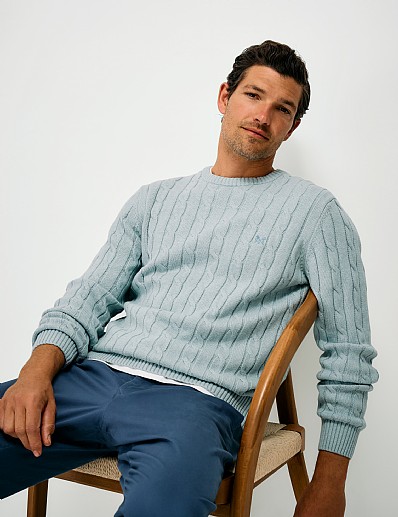 Oarsman Cable Knit Crew Neck Jumper in Grey Marl