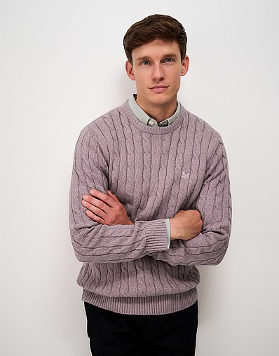 Oarsman Cable Knit Crew Neck Jumper in Mauve