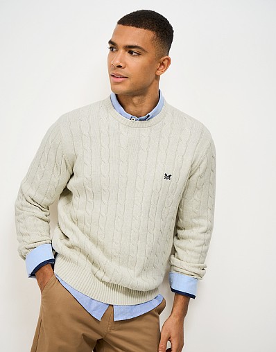 Oarsman Cable Knit Crew Neck Jumper in White Marl