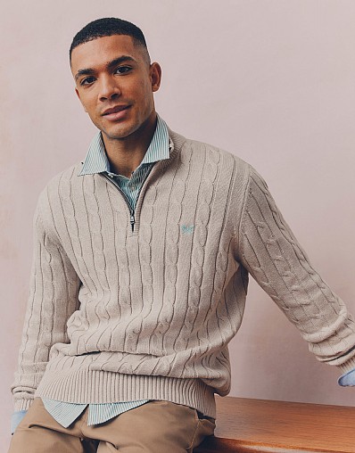 Oarsman Cable Knit Half Zip Jumper in White