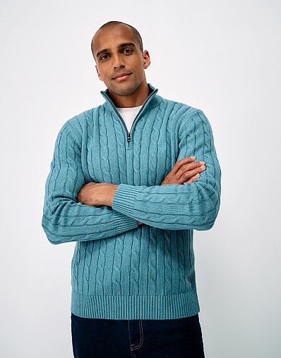 Oarsman Cable Knit Half Zip Jumper in Cameo Blue Marl