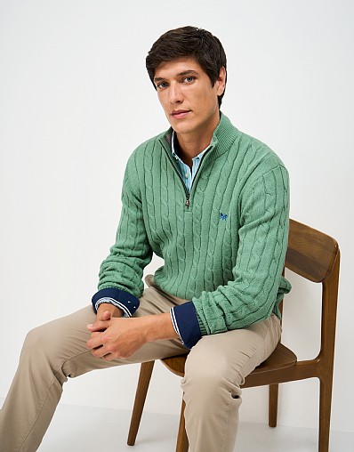 Oarsman Cable Knit Half Zip Jumper in Green