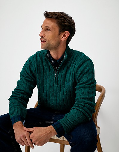Oarsman Cable Knit Half Zip Jumper in Deep Teal Marl