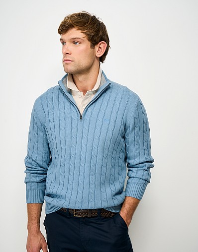 Oarsman Cable Knit Half Zip Jumper in Blue