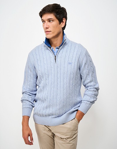 Oarsman Cable Knit Half Zip Jumper in Light Blue