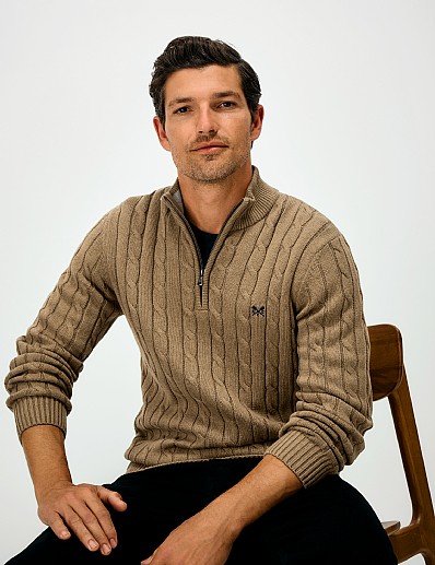 Oarsman Cable Knit Half Zip Jumper in Heritage Tan Marl
