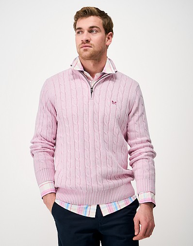 Oarsman Cable Knit Half Zip Jumper in Mauve