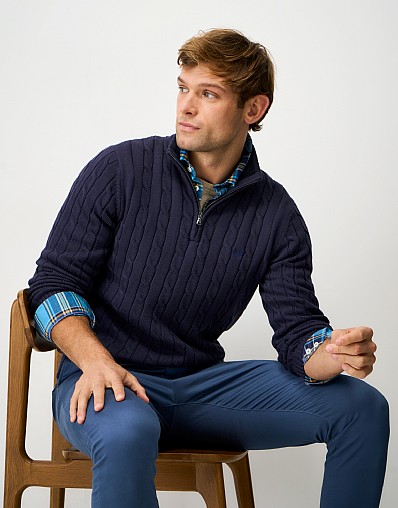 Oarsman Cable Knit Half Zip Jumper in Navy