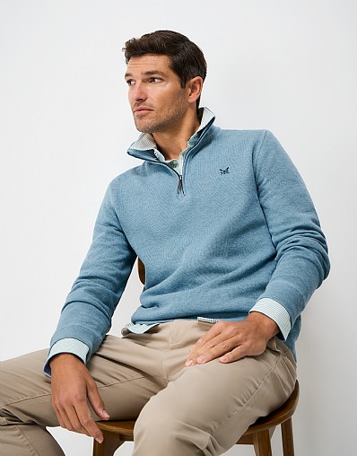French Rib Half Zip Jumper in Aqua Blue