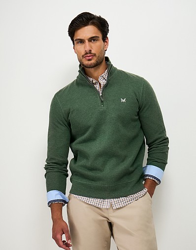 French Rib Half-Zip Jumper in Dark Green Marl