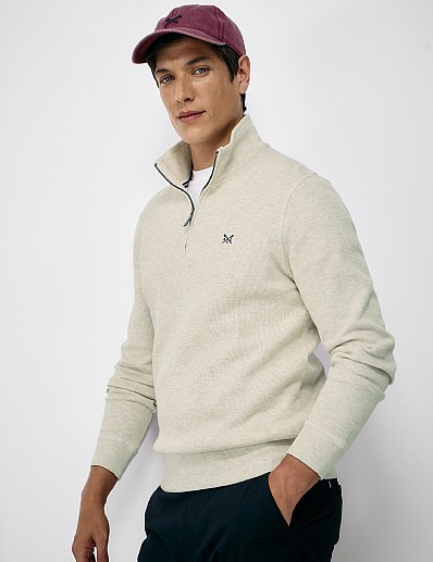 Cotton French-Rib Half-Zip Sweatshirt in Beige Marl