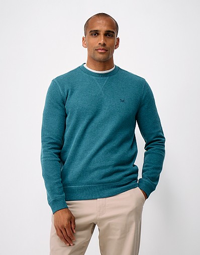 Cotton French-Rib Crew Sweatshirt in Deep Teal Marl
