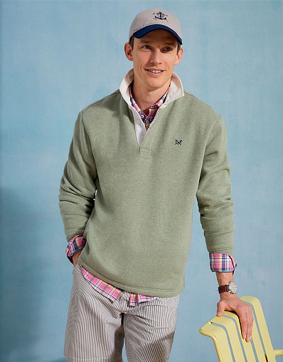 Chambray-Collar Rugby Sweatshirt in Khaki Green