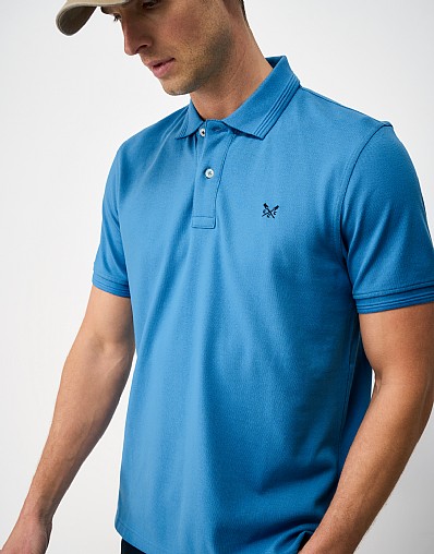 Cotton Ripple-Stitch Collar Polo Shirt in Blue