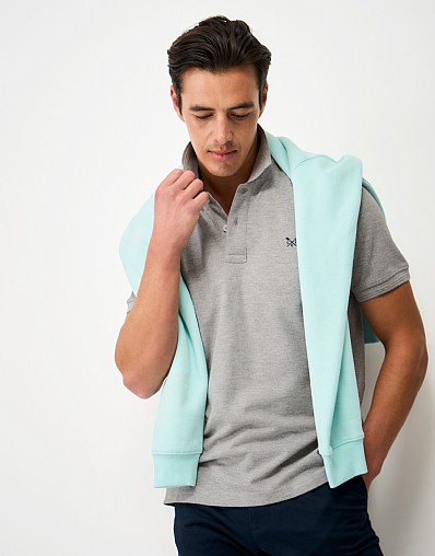 Cotton Ripple-Stitch Collar Polo Shirt in Grey Marl