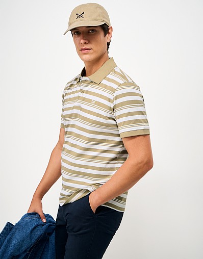 Cotton Birdseye Stripe Polo Shirt in Taupe & White