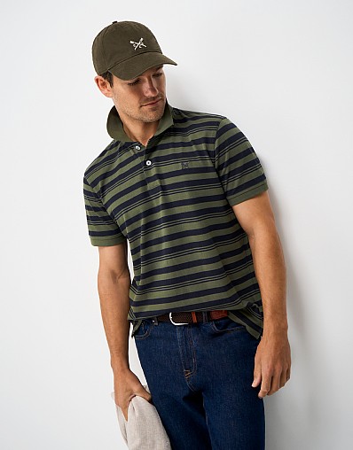 Cotton Birdseye Stripe Polo Shirt in Olive & Dark Navy