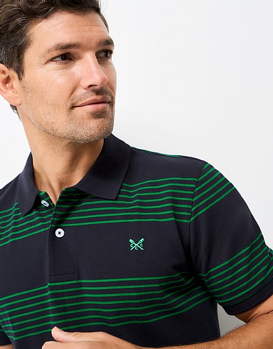Striped Cotton Rugby Polo Shirt in Dark Navy & Green